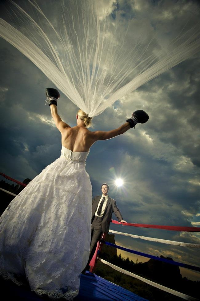 Kevin Kubota She's a semi-pro boxer, and her wedding gift from her trainer was a boxing ring set up in the park where Kevin shot bridal portraits.