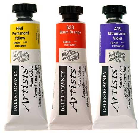 Graham colour chart Daler Rowney Artists Watercolour Paints half pans filled from tubes Price per filled half pan: Series A: 55 dirhams per half pan fill: 651 Lemon Yellow 643 Indian Yellow 667 Raw