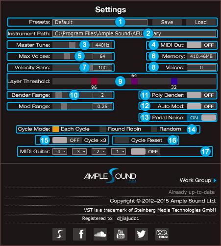 2 Settings Panel 2.1 Overview of Settings Panel 1. Save/Load Preset 2. Instrument Path Setting 3. Master Tune 4. MIDI Out 5. Max Voices 6. Real Time Memory Display 7.