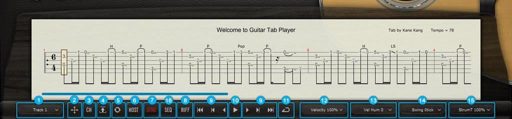 All the notes in a chord will be changed if any option of the chord note is changed. 7 Tab Player Panel 7.1 Overview of Tab Panel 1. Track Select 2.