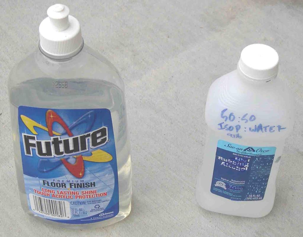 Right: Thinned alcohol for cleaning acrylic paints. Left: Future floor wax, for gloss coats over acrylic.