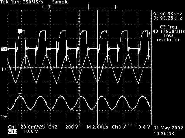 Figure 5.31 Test waveform (top to bottom: Q1 gate signal, Transformer primary current and resonant cap voltage) Figure 5.