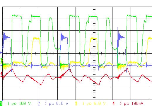 Figure 5.37 Test waveform for PWM control (Top: Vds of Q1, middle: gate signal of Q1, and Q2, bottom: primary current) This method can achieve the current limiting function.