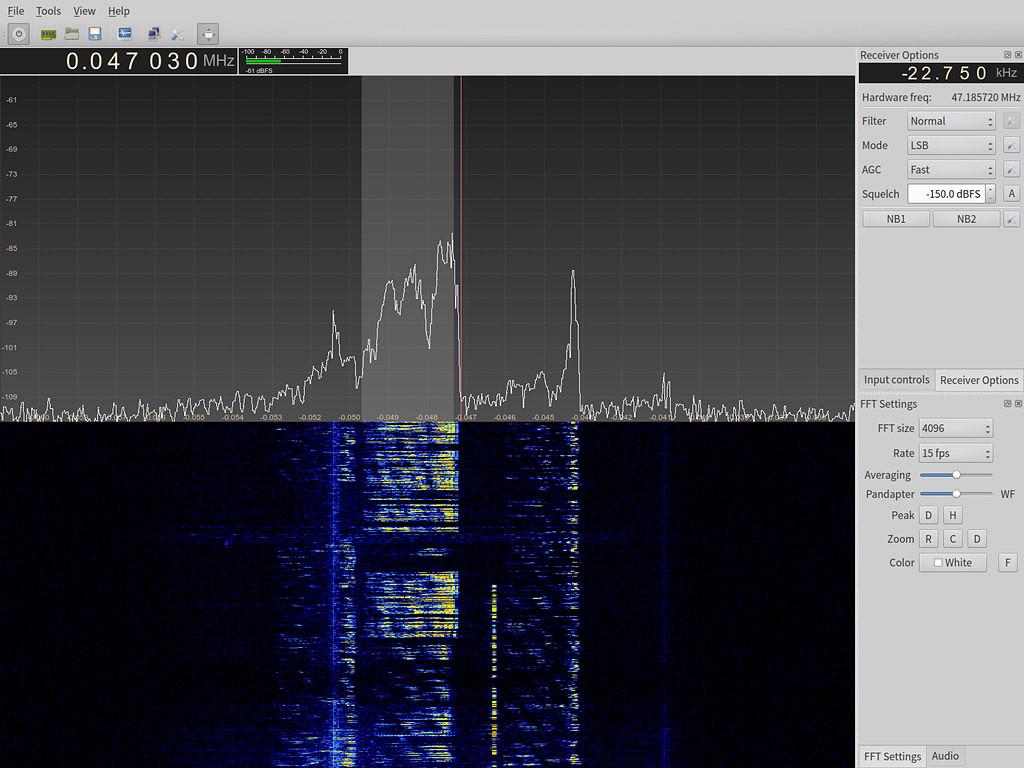 Figure 9: About 16 khz of low-noise pass band at 47 MHz is available for demodulation by gqrx.