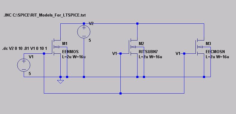 LTSPICE CIRCUIT SCHEMATIC SIMPLE RIT SUB-MICRON DEEP SUB-MICRON Three transistor all the same L=2u
