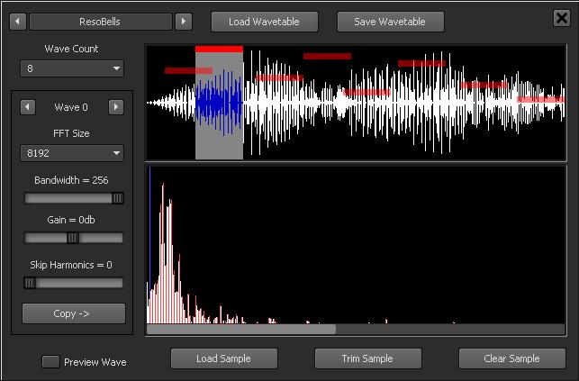 This window allows you to edit wavetables. A wavetable is made up of a series of harmonic snapshots (from now on called waves) taken from an audio sample.