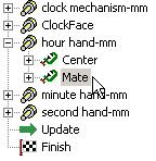 In the Browser pull-down menu select Components. Using, the Select Parts tool, highlight the hour hand. With the hand highlighted right mouse click. From the floating menu select Synchronize Browser.