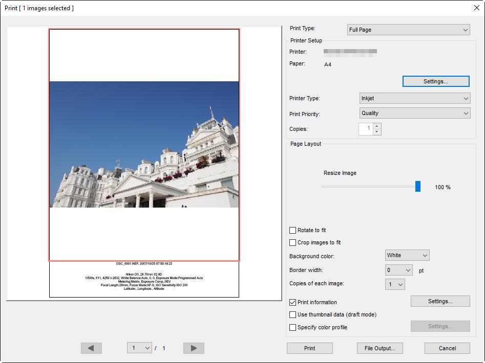 Printing Image Information To choose the information printed under each picture, select Print Information in the Print dialog (page 42), click Settings, and adjust the settings described on the