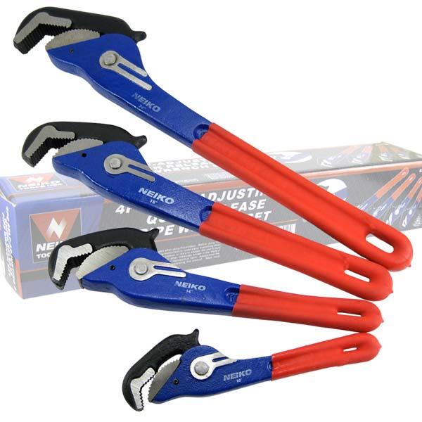 SELF ADJUSTING PIPE WRENCHES These self adjusting pipe wrenches automatically grip pipes, tie rods, and suspension rods and will release quickly, a great function in confined areas.