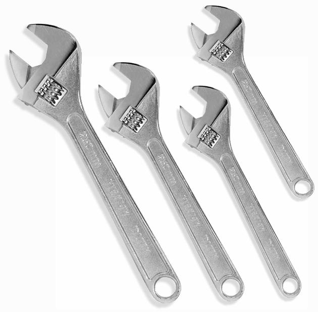 ADJUSTABLE WRENCHES These heavy duty, adjustable wrenches have a Rockwell hardness of HRC 60 and are triple chrome plated and polished.