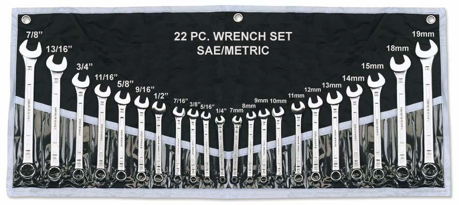 22 PC. SAE & METRIC COMBO SET Highly polished, chrome vanadium steel wrenches in both SAE and metric in an organized, vinyl pouch.