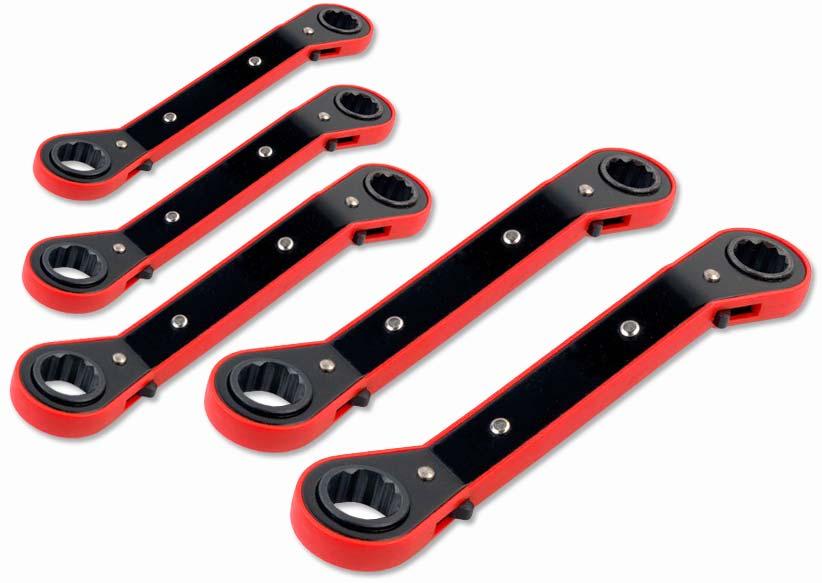 5 PC. RATCHETING BOX WRENCH SET These boxed end wrenches have a ratcheting mechanism built right into each box end of the wrench. No need for changing sockets on a ratchet.
