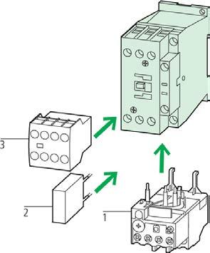 Accessories 1 Overload relay 278442 2 Suppressor 281199 3 Auxiliary contact module 277376 Further actuating voltages 277379 Accessories 281227 The DC operated contactors have integral suppressor