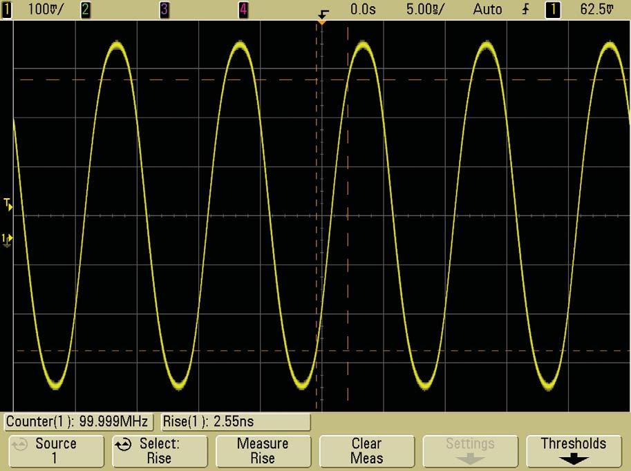 Digital Clock Measurement Comparisons Figure 3 shows the waveform results when measuring a 100-MHz digital clock signal with 500 ps edge speeds (10% to 90%) using an Agilent MSO6014A 100-MHz