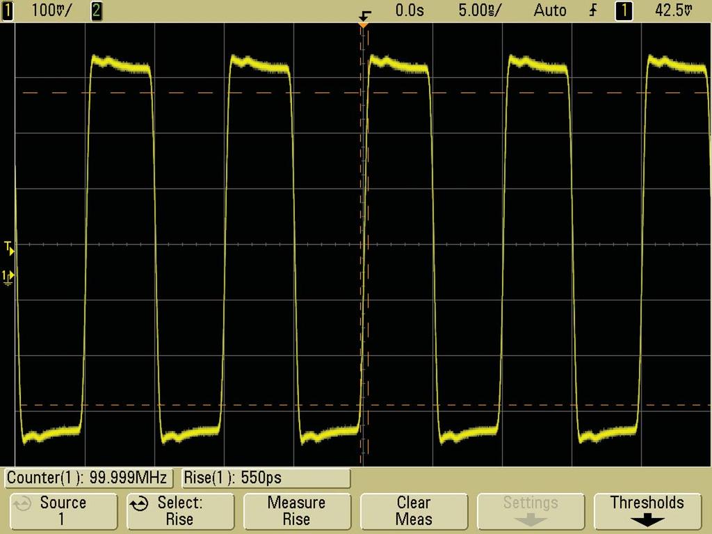 Digital Clock Measurement Comparisons (continued) With an Agilent 1-GHz MSO7104A bandwidth scope, we have a much more accurate picture of this signal, as shown in Figure 5.