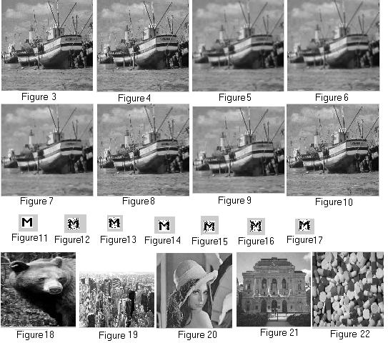 Figure 3: Cover image Fishing boat, Figure 4: Watermarked Image, Figure 5: Watermarked Image after mean Filtering using (5x5) mask, Figure 6: Watermarked Image after two times Gaussian Filtering with