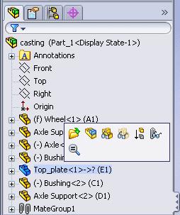 SOLIDWORKS Fundamentals Mouse Buttons Mouse buttons operate in the following ways: Left Right Middle Selects menu items, entities in the graphics area, and
