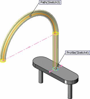 Parts Use the Sweep tool to make the spigot by projecting a profile along a path. In this example, the profile is a circular sketch, and the path is a sketched arc and a tangent vertical line.