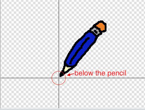 You can now click just below the tip of the pencil, to set this point as the costume centre.