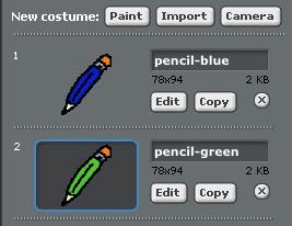 Click on your pencil sprite, click Costumes and duplicate your pencilblue costume using the copy