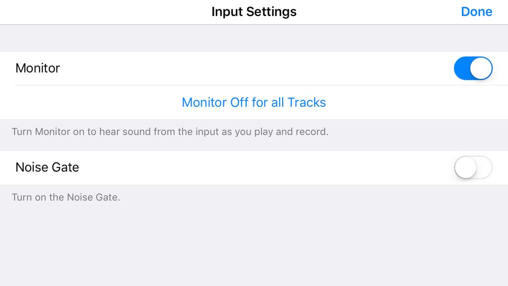 Alternatively you can select the Input Settings page by touching the jack plug icon, and select monitoring to ON: Screenshot taken from Garageband.