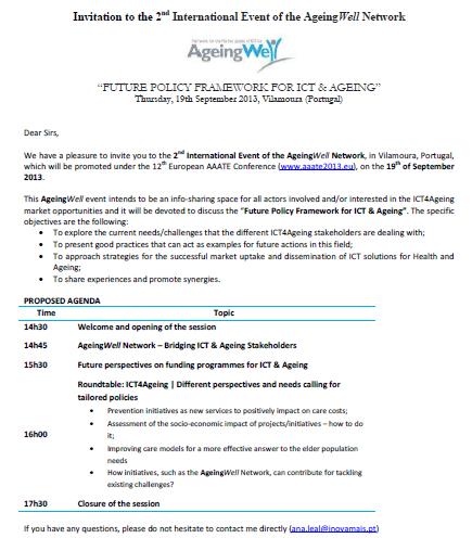 Figure 2: Invitation sent by email Invitations were sent to all associate members and supporters of the AgeingWell Network, as well we to the stakeholders listed in the D2.2 1, among others.