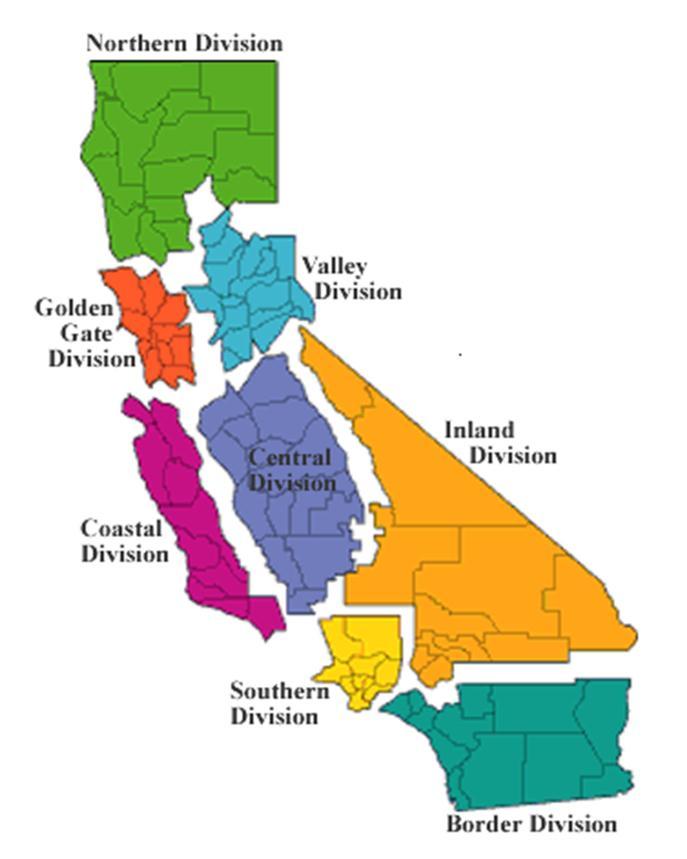 California Highway Patrol Divisions The California Highway Patrol has 8 divisions, with one or more Dispatch or Communication Centers in each division.