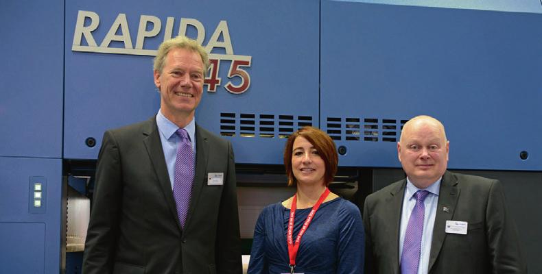 First Drupa day: large format press sold Centrum Printing purchases Rapida 145 Sandra Mascaro with Ralf Sammeck, CEO of KBA-Sheetfed, (l) and Dave Lewis (KBA Australasia), at the Rapida 145 on the