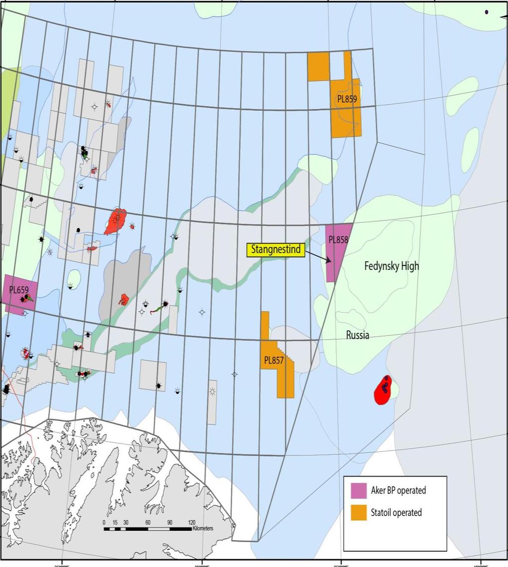 Aker BP Activity 2018 PL858 (40% share), Stagnestind prospect Partners Statoil 20%, Petoro 20%, LUKOIL 20% 460 km from Hammerfest 380 km from Kirkenes 300 km from