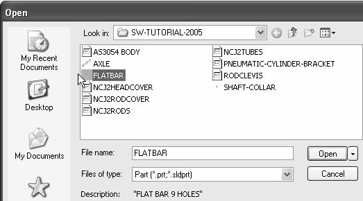 249) Click Insert Component from the Assemblies toolbar. 250) Click Browse from the Insert Component PropertyManager. 251) Select Part for Files of Type from the SW-TUTORIAL-2005 folder.