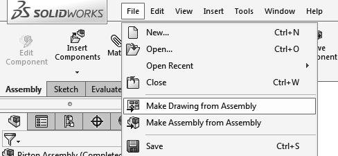 5. Making a drawing from assembly: - Select File / Make Drawing from Assembly (arrow). - Select the Drawing template. - The default drawing (A-Size) is displayed.