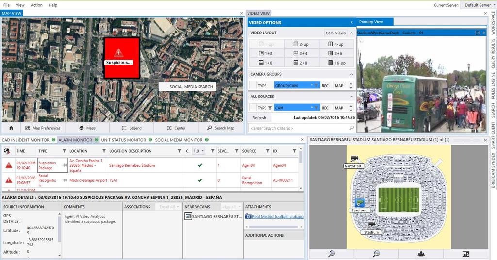 CommandCentral Aware In this example, CommandCentral Aware has received an alert from a video camera with real-time video analytics. The alert is a suspicious package at a futbol game in Madrid.