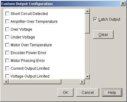 Screen Guide Custom Output Configuration Use the Custom Output Configuration dialog to configure which events (fault, warning, or status) will cause the digital output to go active.