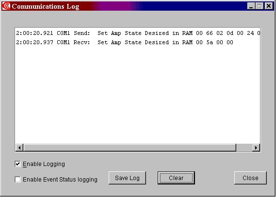 Screen Guide Communications Log The Communications Log is used to monitor low level commands that the software sends to the amplifier and the responses received by the software.