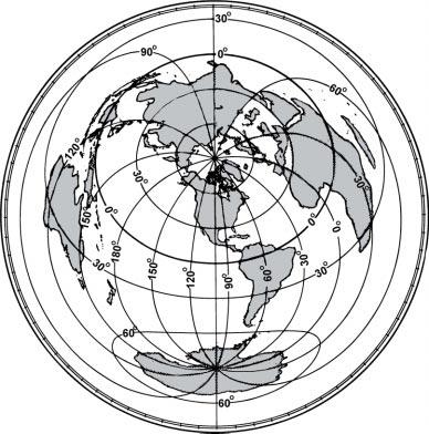 32 NAUTICAL CHARTS Figure 319. An azimuthal equidistant map of the world with the point of tangency latitude 40 N, longitude 100 W. POLAR CHARTS 320.