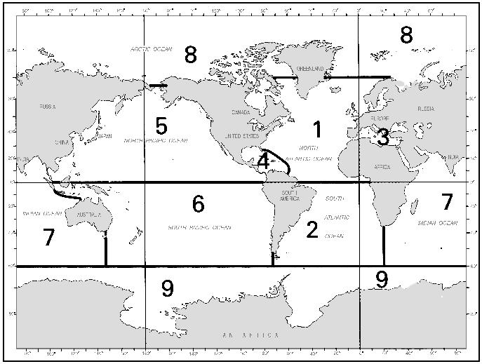 46 NAUTICAL CHARTS Figure 343a. Ocean basins with region numbers. Two- and three-digit numbers are assigned to those small-scale charts which depict a major portion of an ocean basin or a large area.