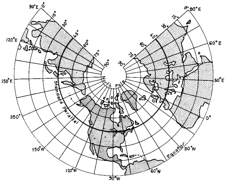 28 NAUTICAL CHARTS Figure 312a. A simple conic projection. comes a cylinder. At the pole, its height is zero, and the cone becomes a plane.