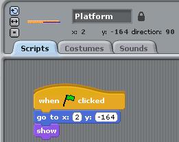 With Platform sprite selected, click Scripts Tab, and then select Motion Tool Kit. Drag out go to x: 2 y:-164 block to the Scripts panel.