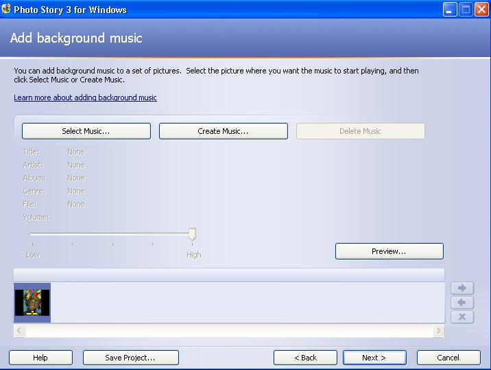 Photo Story allows you to either add music you have stored on your computer or create music using a series of options. Select Music Tab (music from your computer).
