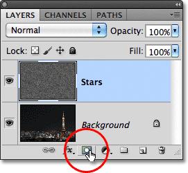 Click on the empty layer visibility icon to turn the Stars layer back on. Step 8: Add A Layer Mask Click on the Layer Mask icon at the bottom of the Layers panel: Click on the layer mask icon.