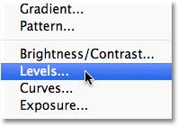 the New Adjustment Layer icon. Select Levels from the list of adjustment layers that appears: Choose a Levels adjustment layer.