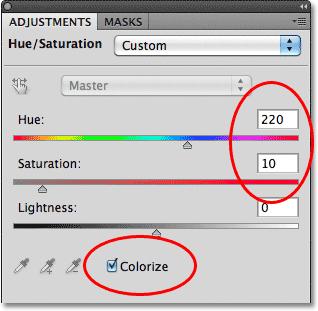 Check the Colorize option, choose a color with the Hue slider, then lower the Saturation.