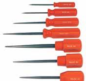 Blades are high carbon, alloy tool steel fully polished to resist rust. Blade tapers to a fine point and may be resharpened many times. Easy-to-spot orange handles are shock and shatter resistant.