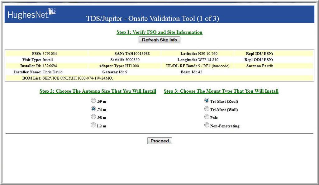 Figure 25: OVT screen 1 1. Click the Refresh Site Info button to update the display. 2. Select the antenna size in Step 2 on the screen. 3.