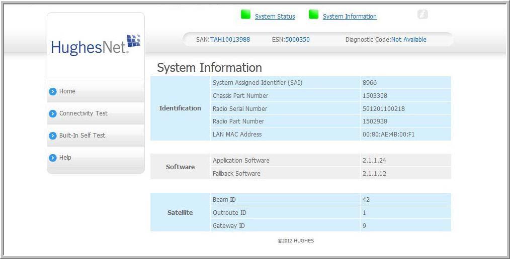 System Information page The System Information page, shown in Figure 58, provides system information for the satellite modem such as identification