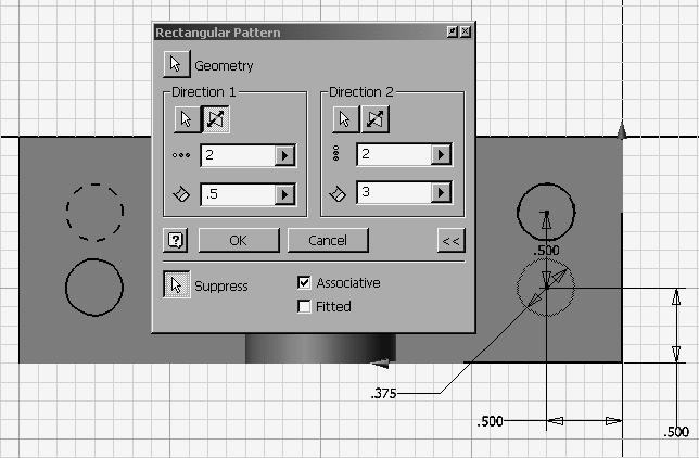 Autodesk Inventor R8 Fundamentals Rectangular Pattern This rectangular pattern tool only works in sketch mode.