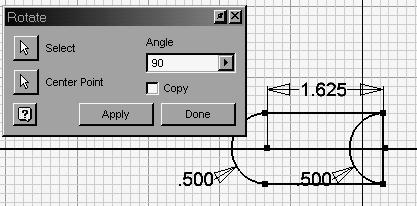 Autodesk Inventor R8 Fundamentals 5. Press the Center Point button and select the center point of the left arc. Change the Angle value to 90. Press Apply and Done. 6. Save the file as ex6-4.ipt.
