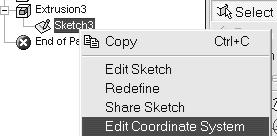 Sketch Tools Edit Coordinate System This tool allows you to redefine the coordinate system of a sketch. The coordinate system controls the orientation of features.