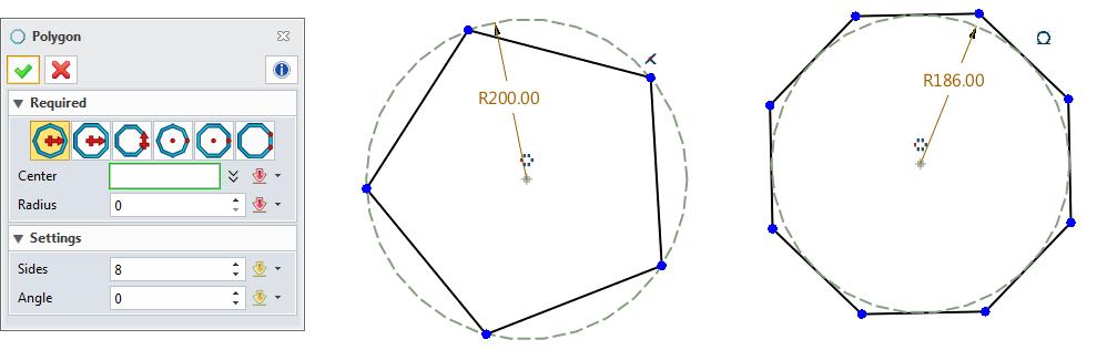 Figure 27 Polygon During sketch geometry creation, the polygon constraint is automatically added. The dimension constraint is should be added manually.