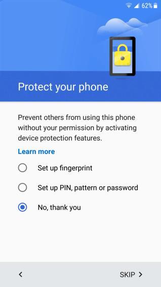 Tap Skip when prompted with the Google, Add your account" setup screen.